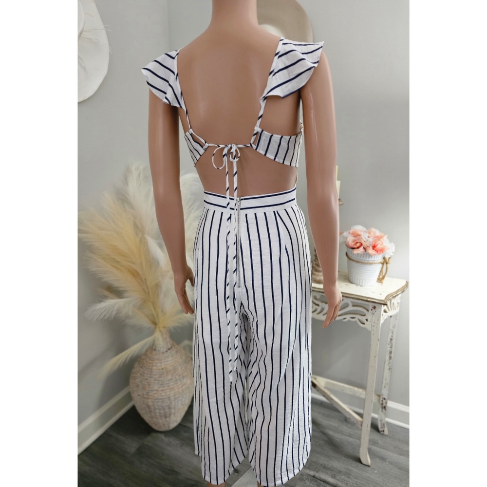Main Strip White Navy Stripes Open Back Cropped Wide Legs Jumpsuit